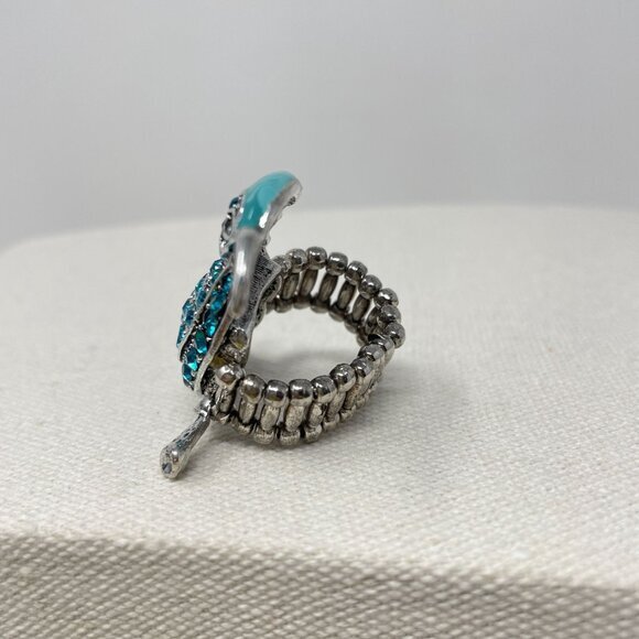 Hummingbird Stretch Ring Rhinestone Blue Silver Tone Cocktail Statement - Picture 2 of 8